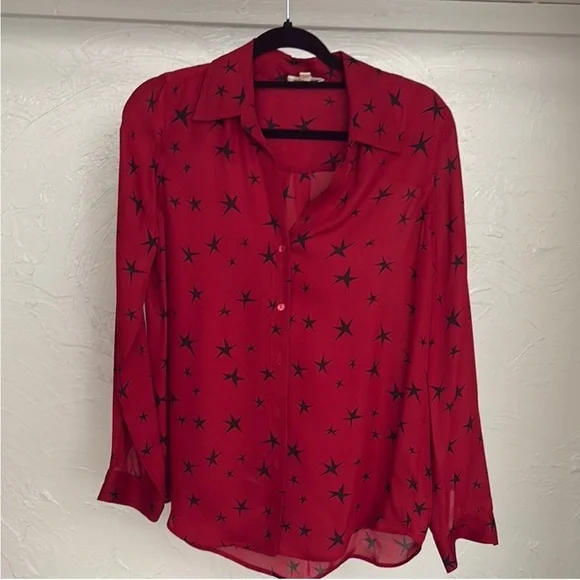 L’Agence 100% Silk Buttondown Red Black Star Women's Top Blouse Shirt Celestial - Picture 1 of 13
